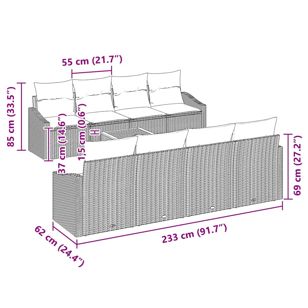 Gartensofa-set mit Kissen 9 pcs Schwarz Poly-Rattan