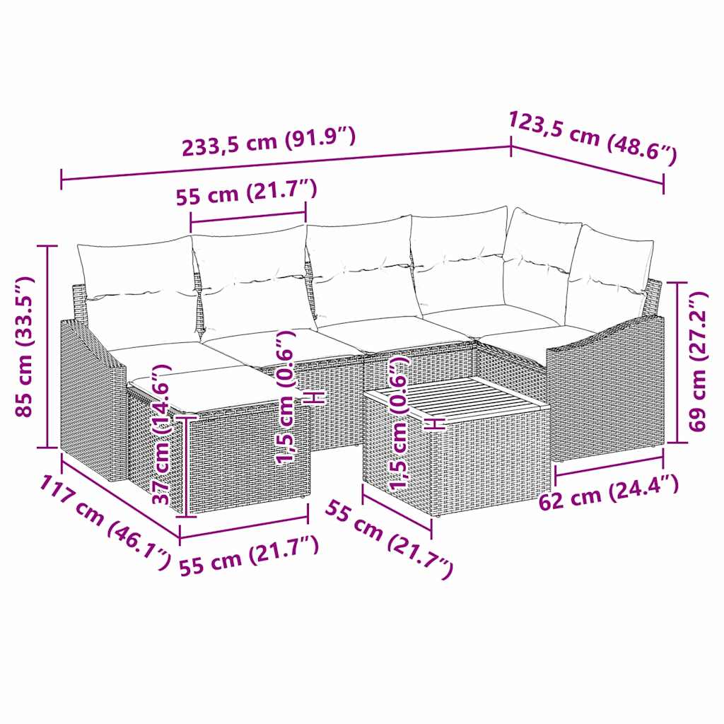 Gartensofa-set mit Kissen 7 pcs Grau Poly-Rattan