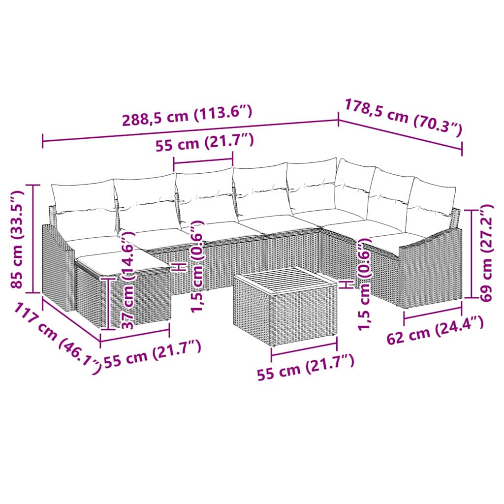 Gartensofa-set mit Kissen 9 pcs Grau Poly-Rattan