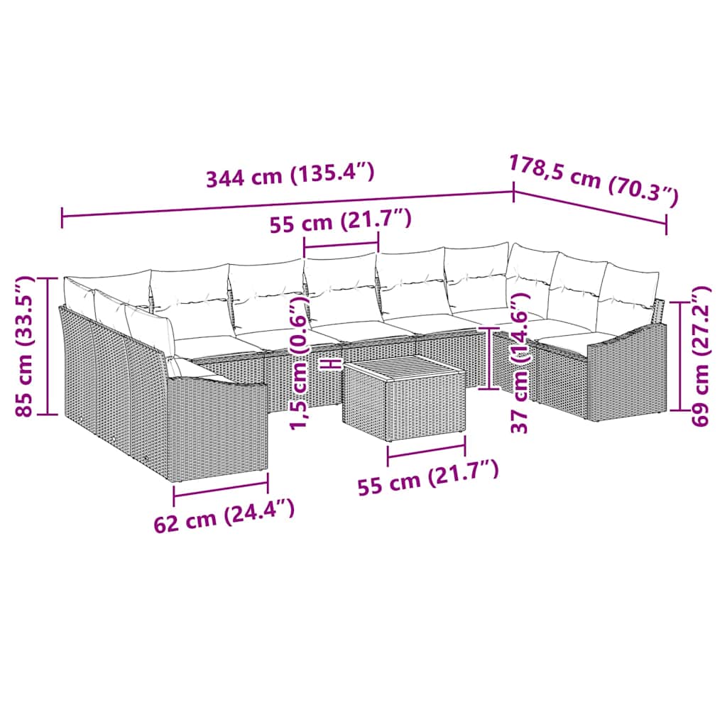 Gartensofa-set mit Kissen 11 pcs Beige Poly-Rattan