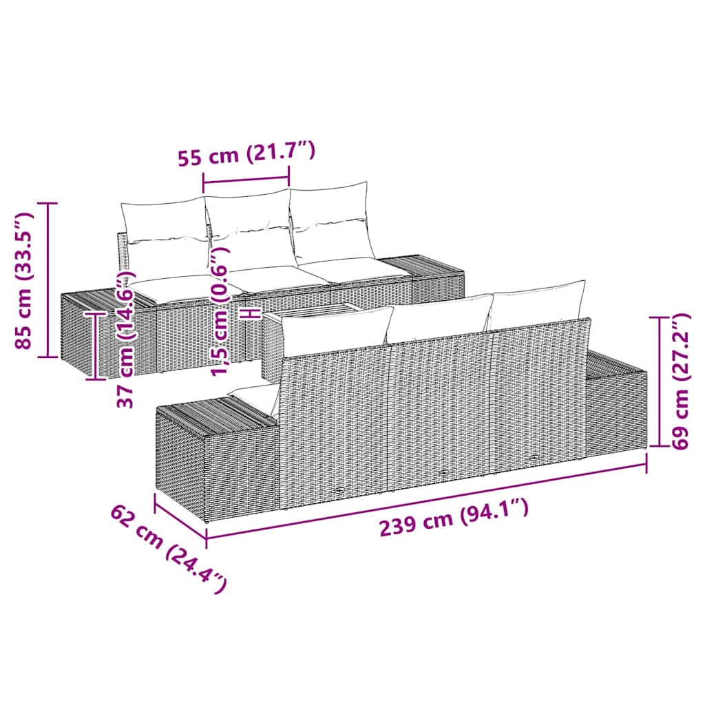Gartensofa-set mit Kissen 7 pcs Schwarz Poly-Rattan