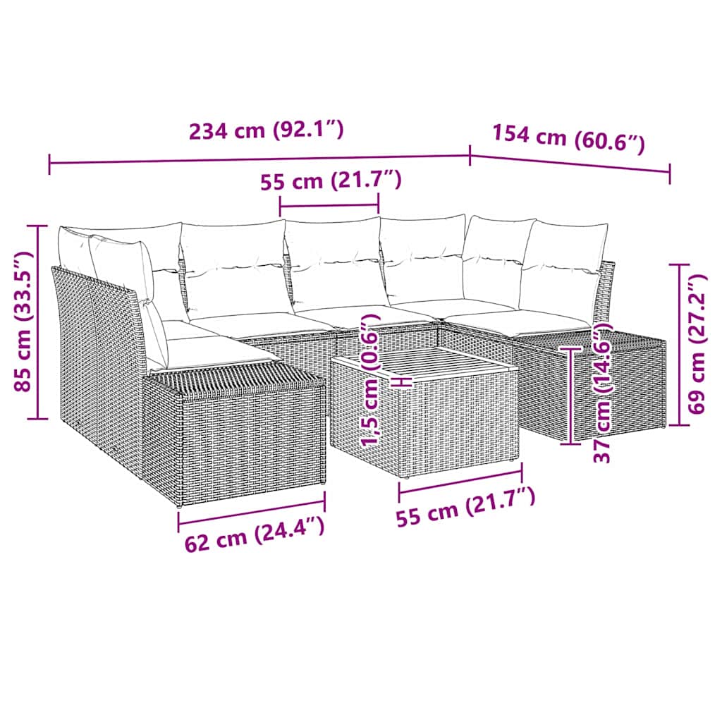 Gartensofa-set mit Kissen 7 pcs Grau Poly-Rattan