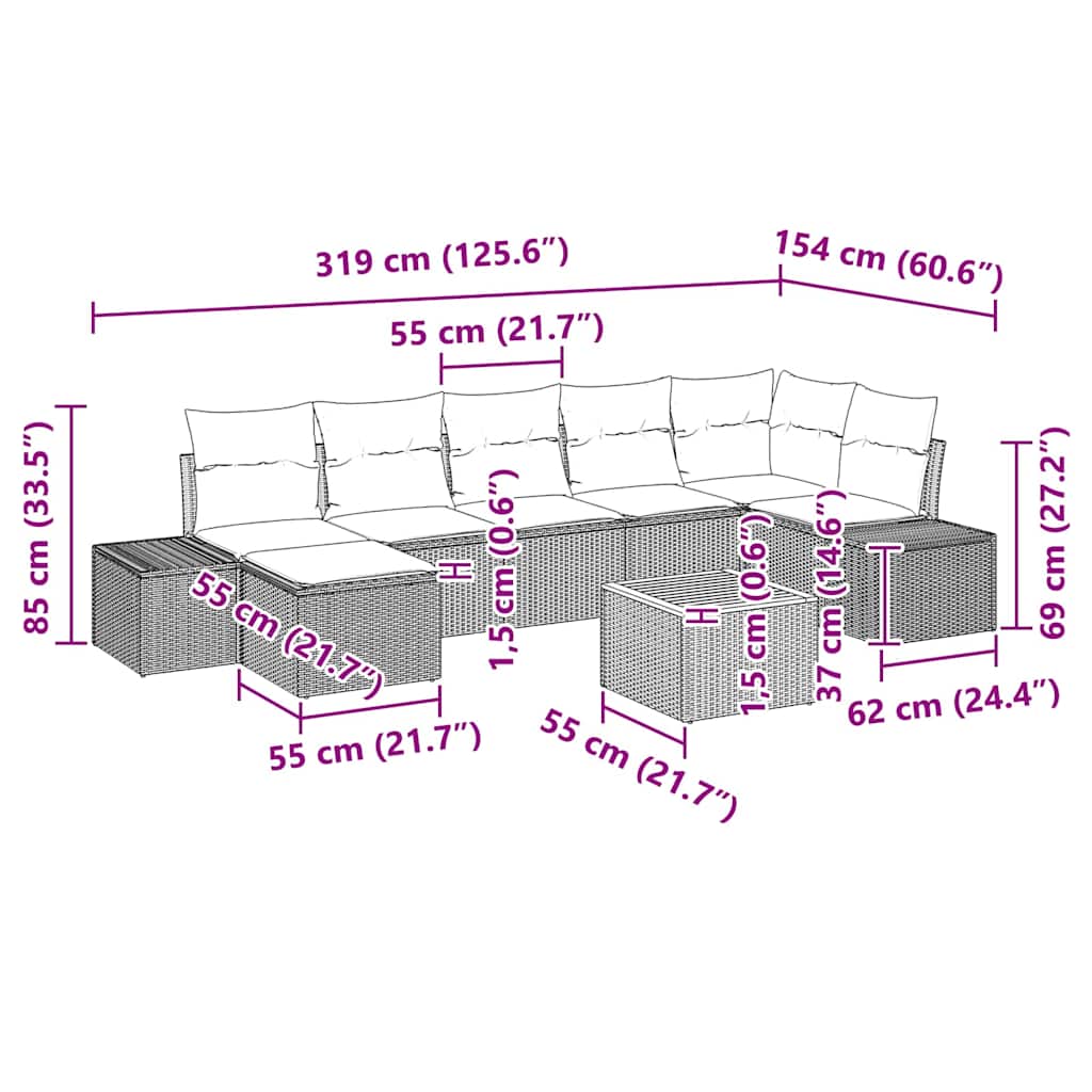 Gartensofa-set mit Kissen 8 pcs Grau Poly-Rattan