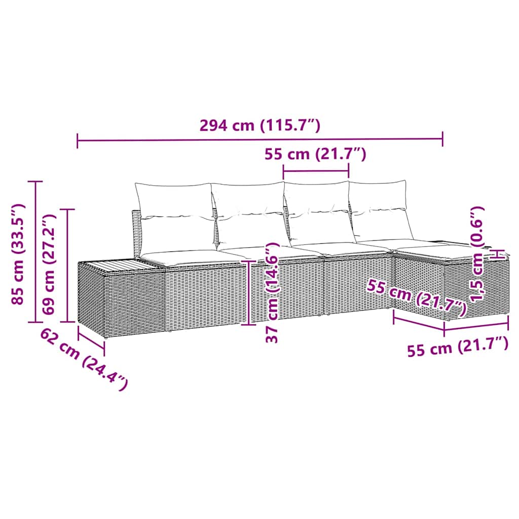 Gartensofa-set mit Kissen 5 pcs Grau Poly Rattan