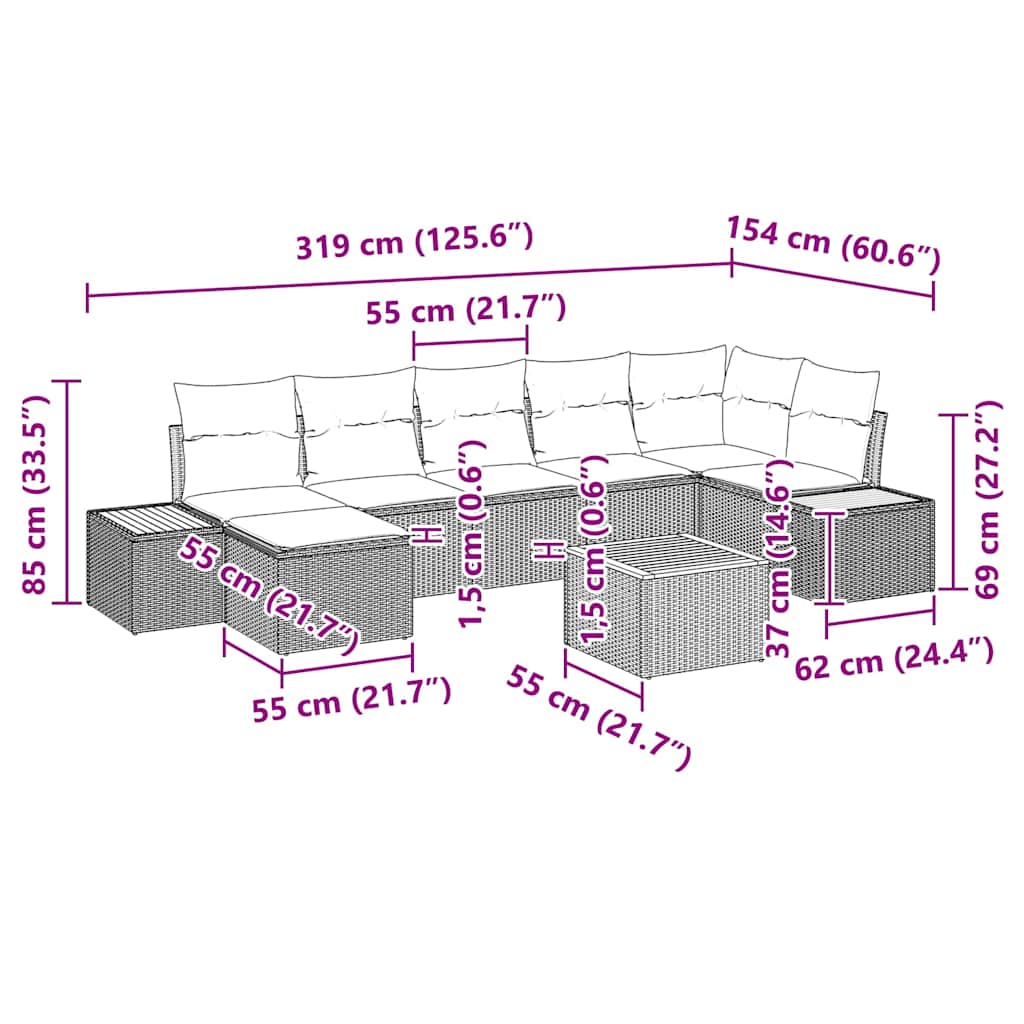 Gartensofa-set mit Kissen 8 pcs Schwarz Poly Rattan