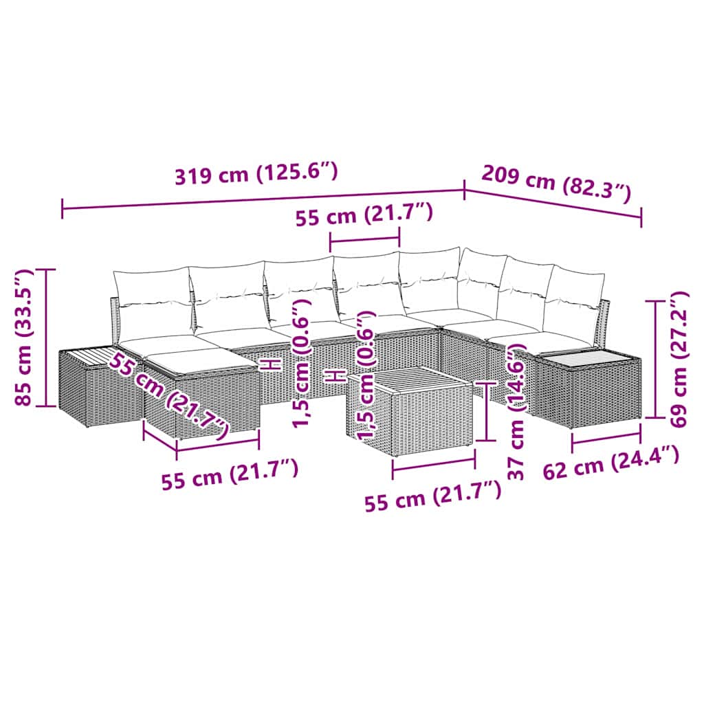 Gartensofa-set mit Kissen 9 pcs Beige Poly Rattan