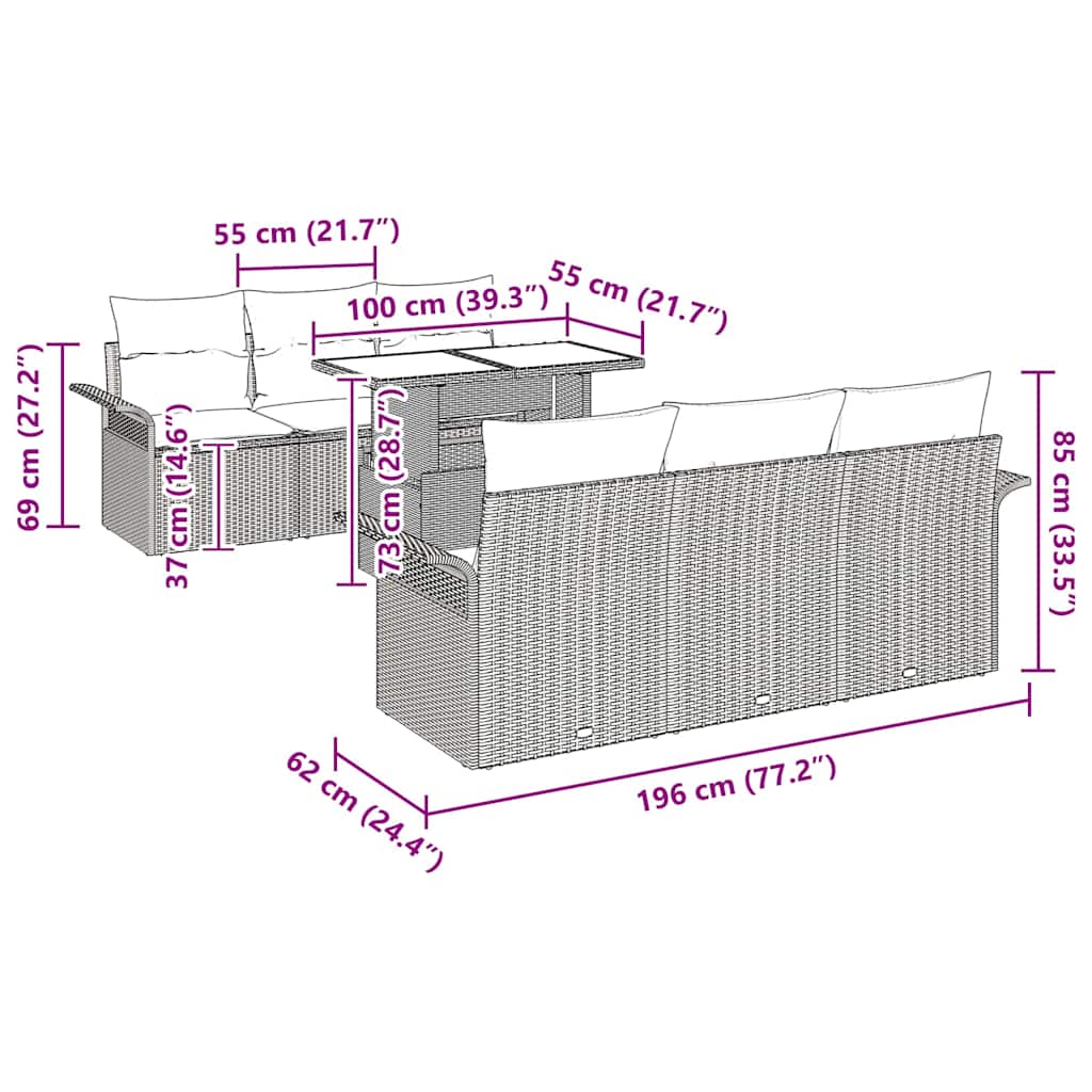 Gartensofa-set mit Kissen 7 pcs Grau Poly-Rattan