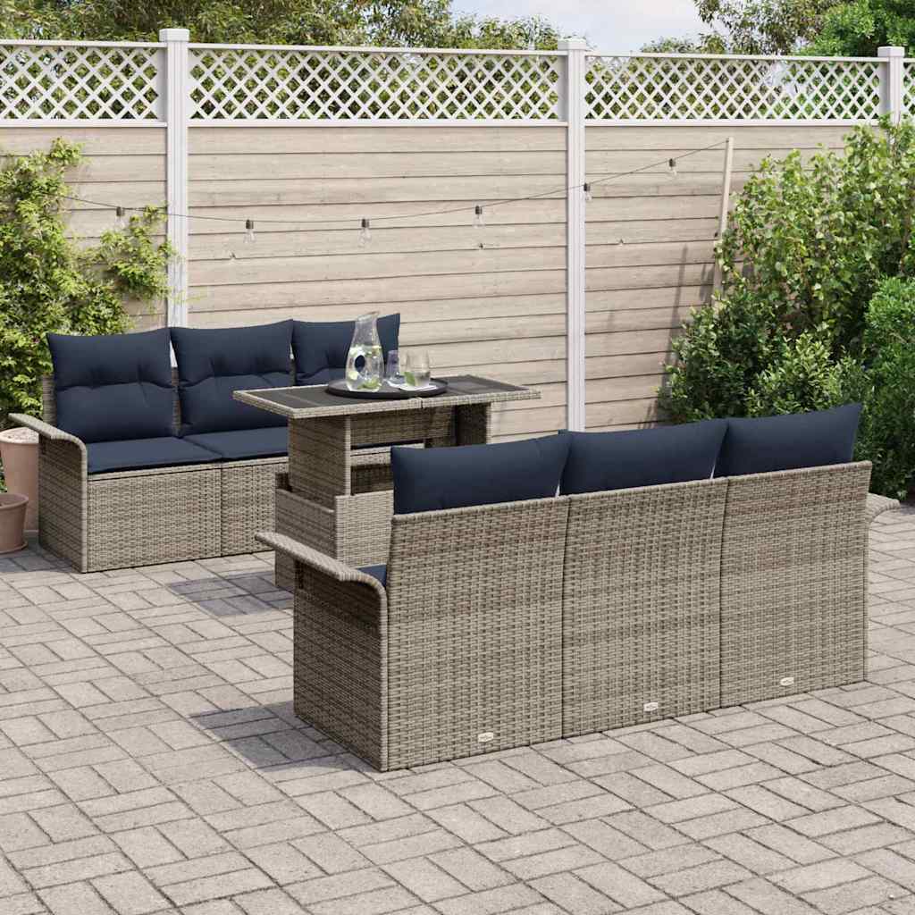 Gartensofa-set mit Kissen 7 pcs Grau Poly-Rattan