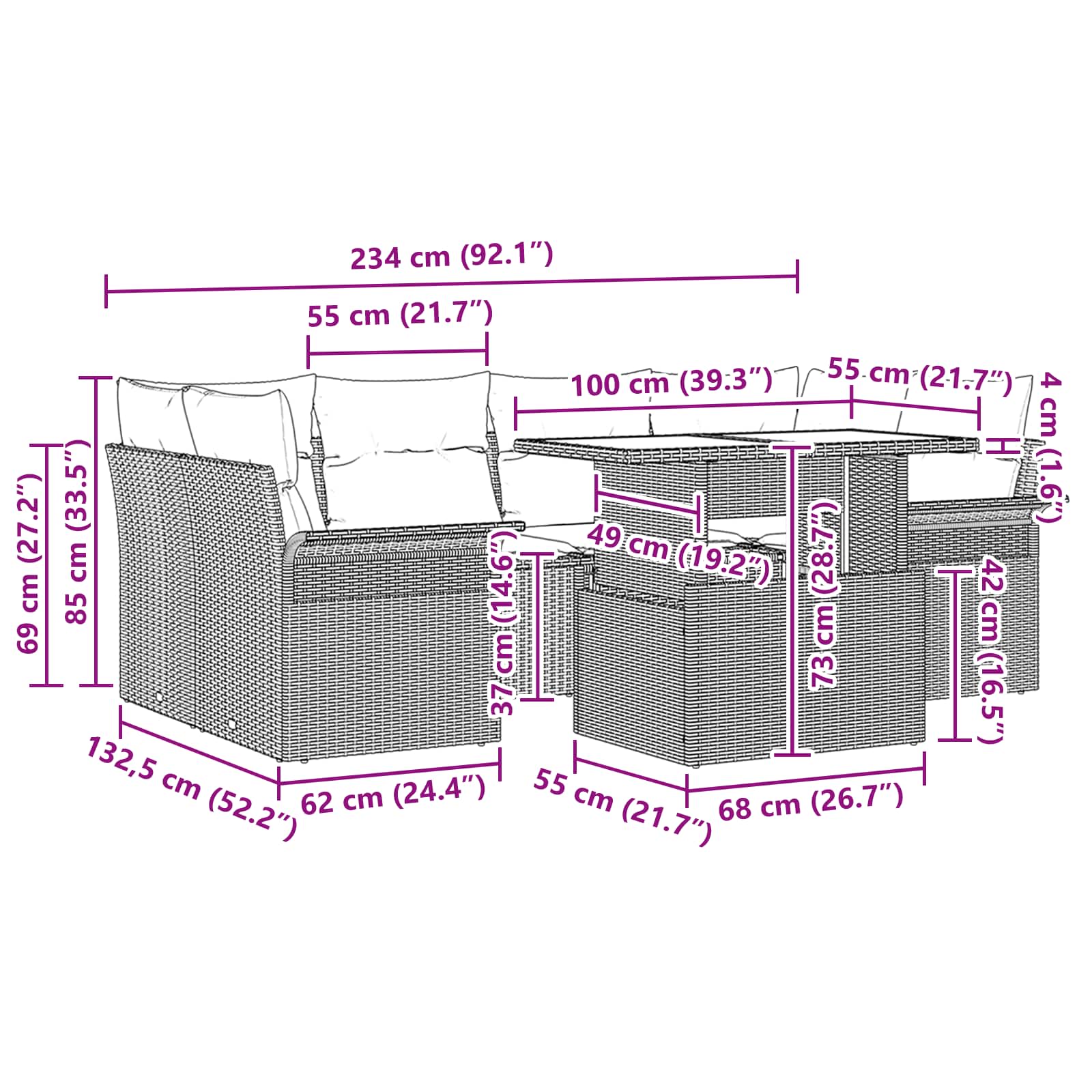 Gartensofa-set mit Kissen 7 pcs Braun Poly-Rattan