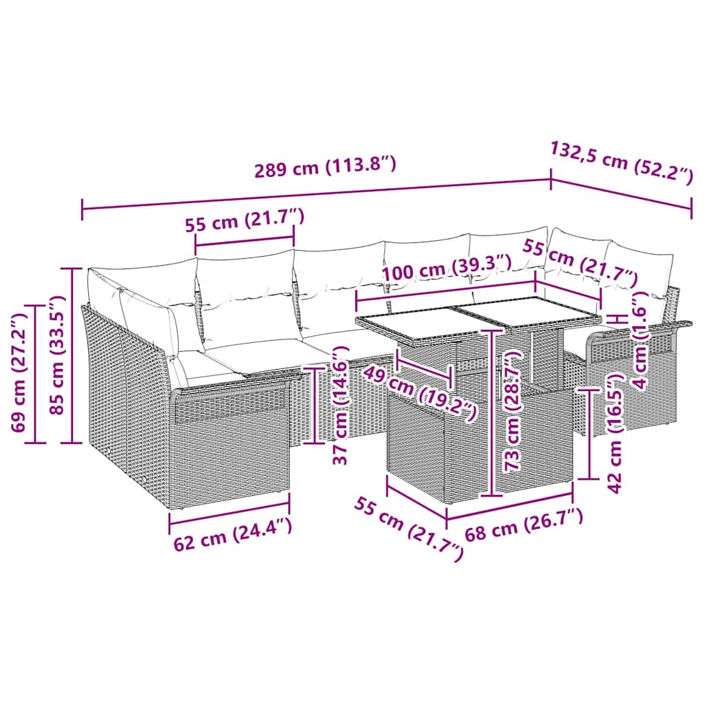 Gartensofa-set mit Kissen 8 pcs Braun Poly-Rattan