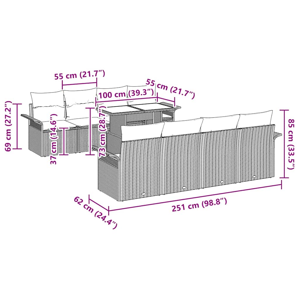 Gartensofa-set mit Kissen 9 pcs Braun Poly-Rattan