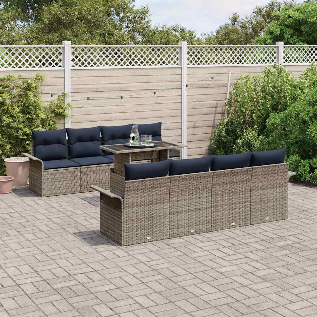 Garten-Sofa-Set mit Kissen 9 pcs Grau Poly Rattan