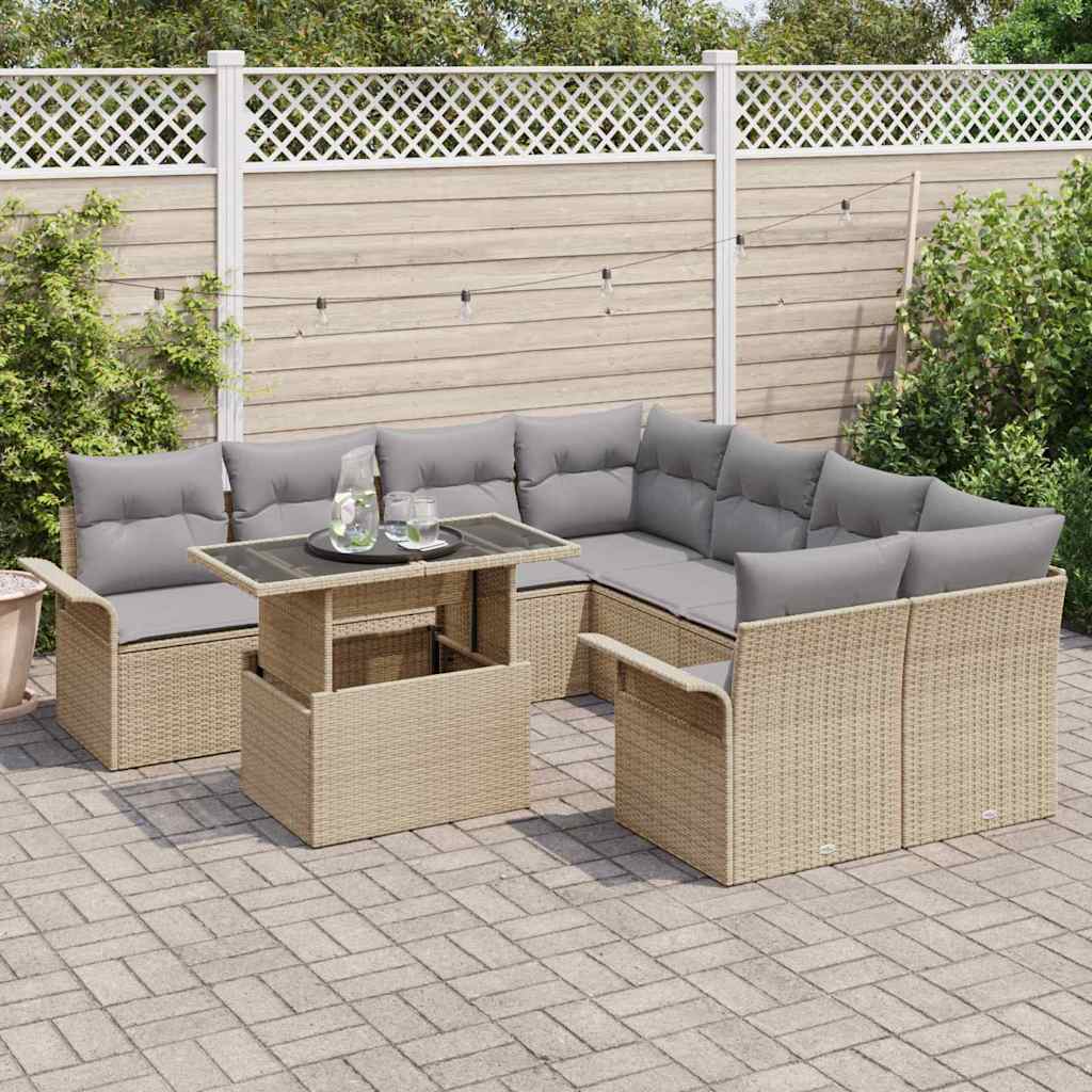 Garten-Sofa-Set mit Kissen 9 pcs Beige Poly Rattan