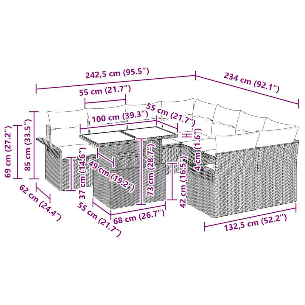 Gartensofa-set mit Kissen 9 pcs Hellgrau Poly-Rattan