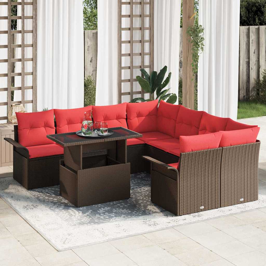 Garten-Sofa-Set mit Kissen 9 pcs Braun Poly Rattan