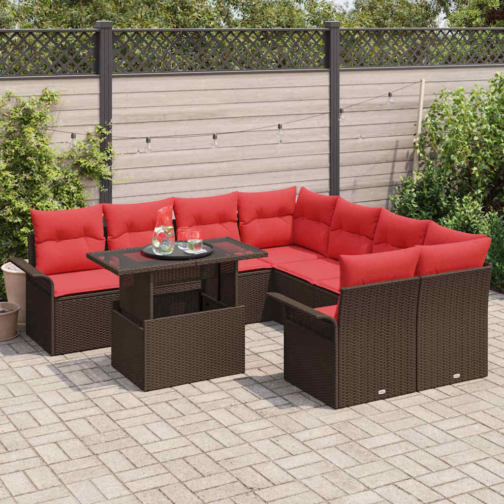 Garten-Sofa-Set mit Kissen 9 pcs Braun Poly Rattan