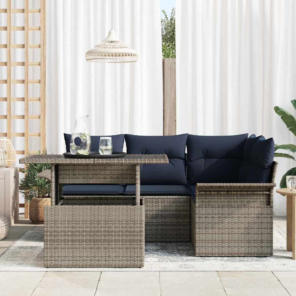 Gartensofa-set mit Kissen 5 pcs Grau Poly-Rattan