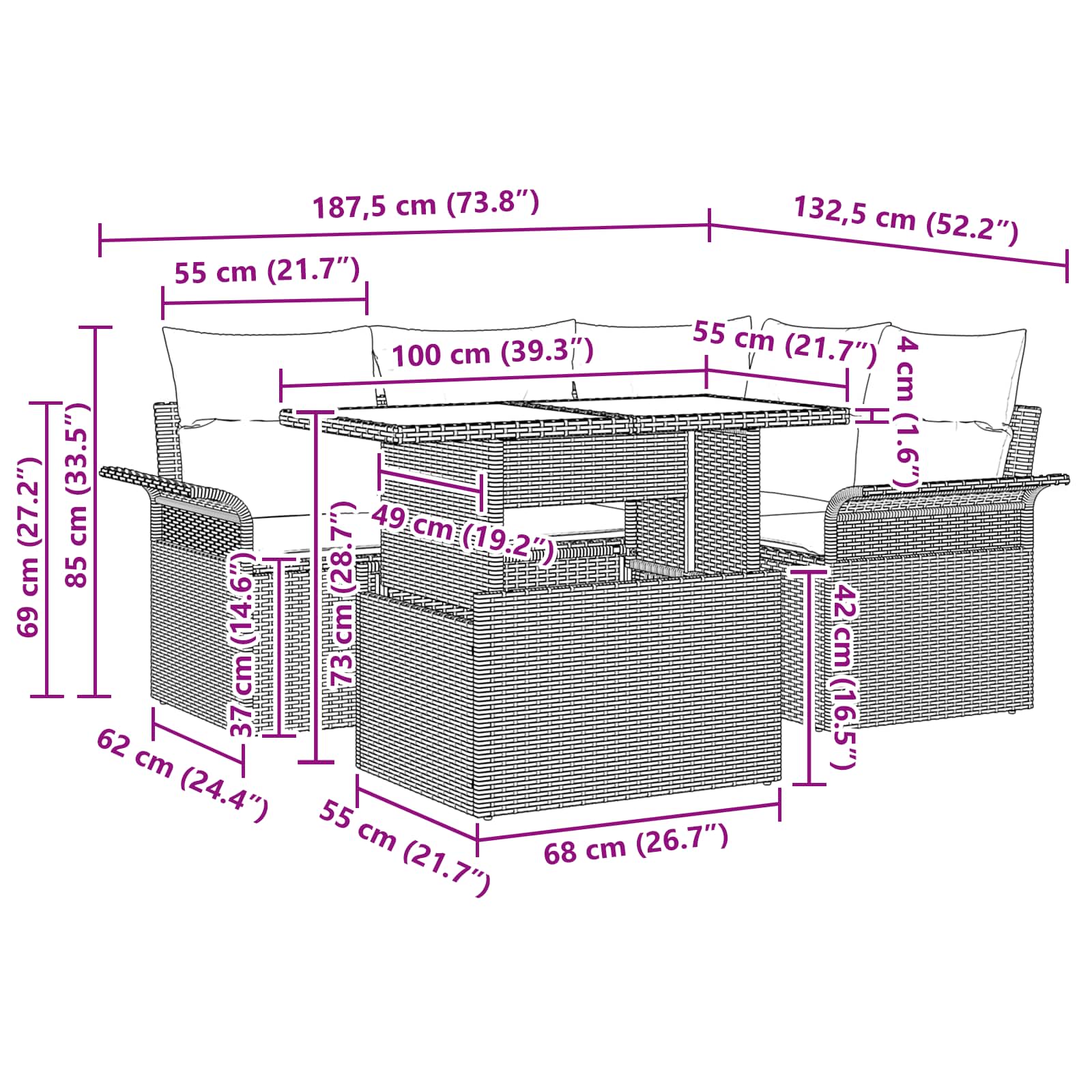 Gartensofa-set mit Kissen 5 pcs Grau Poly-Rattan