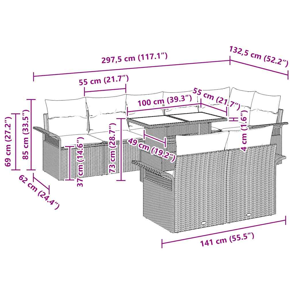 Gartensofa-set mit Kissen 9 pcs Braun Poly-Rattan