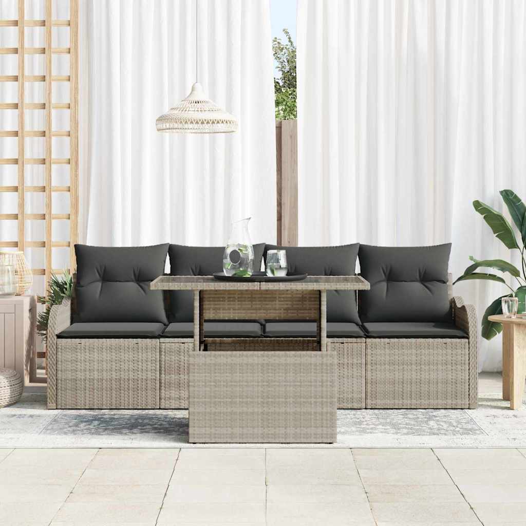 Sofa Set mit Kissen 5 pcs Hellgrau Poly-Rattan