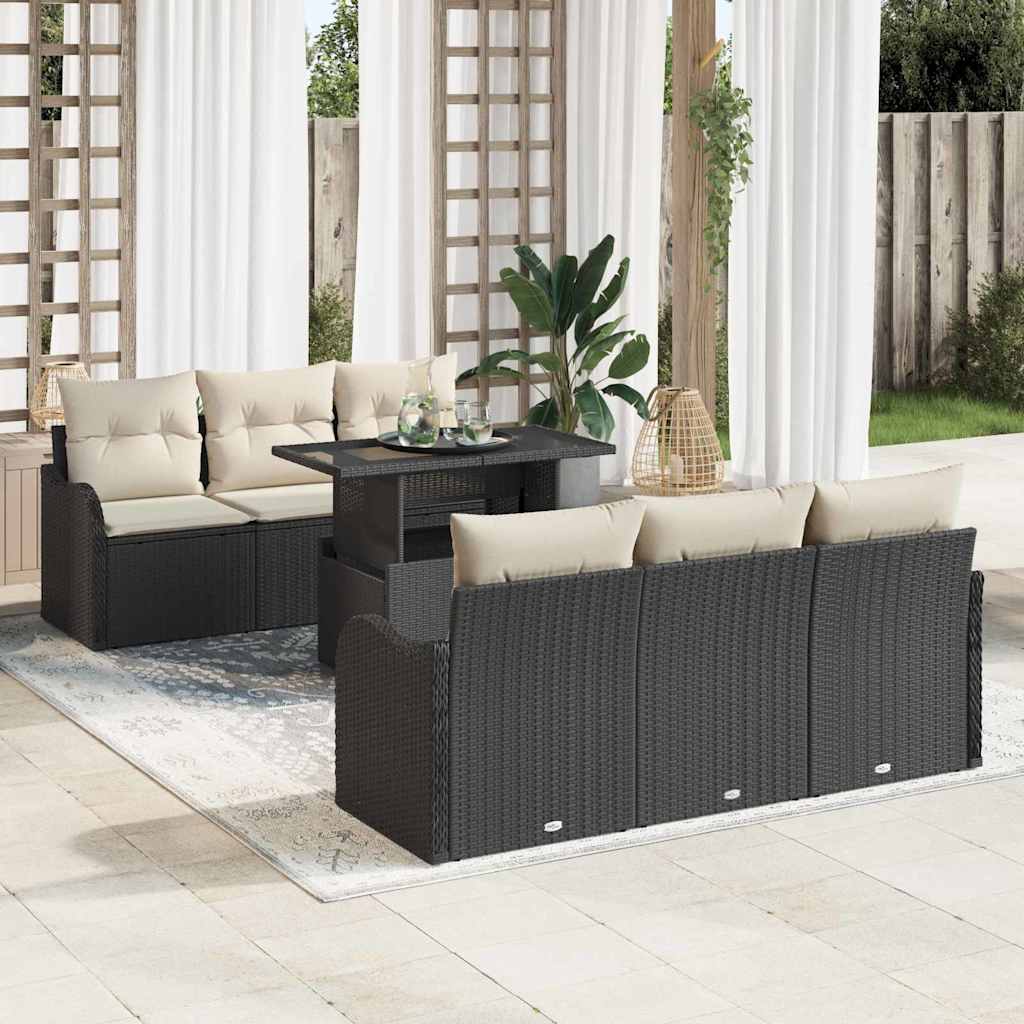Gartensofa-set mit Kissen 7 pcs Schwarz und Creme Poly-Rattan