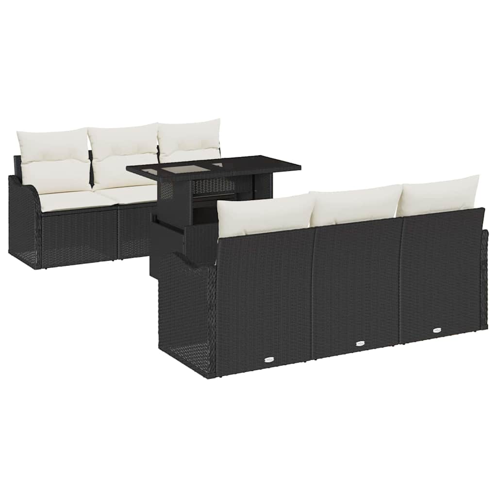 Gartensofa-set mit Kissen 7 pcs Schwarz und Creme Poly-Rattan
