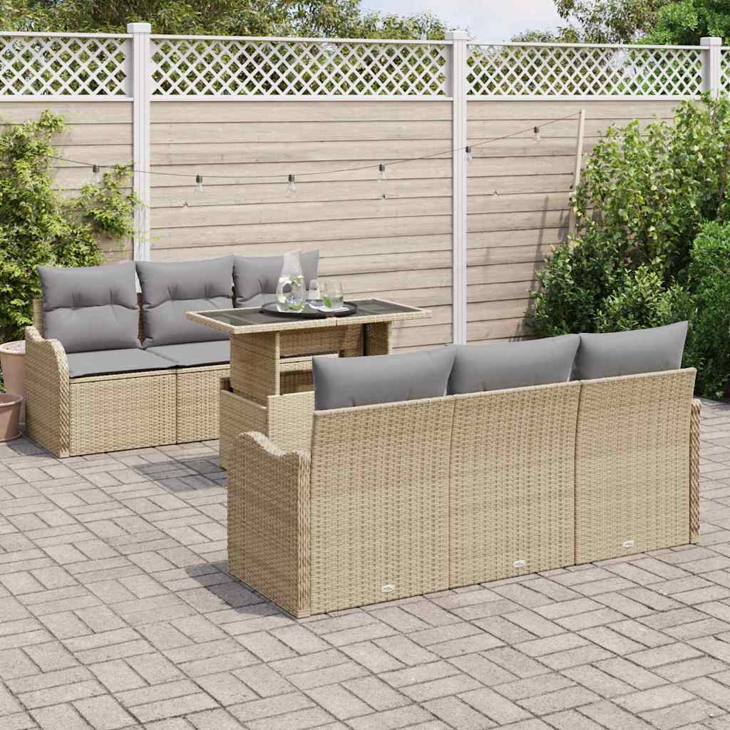 Gartensofa-set mit Kissen 7 pcs Beige Poly-Rattan