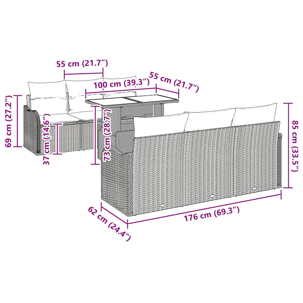 Gartensofa-set mit Kissen 7 pcs Hellgrau Poly-Rattan