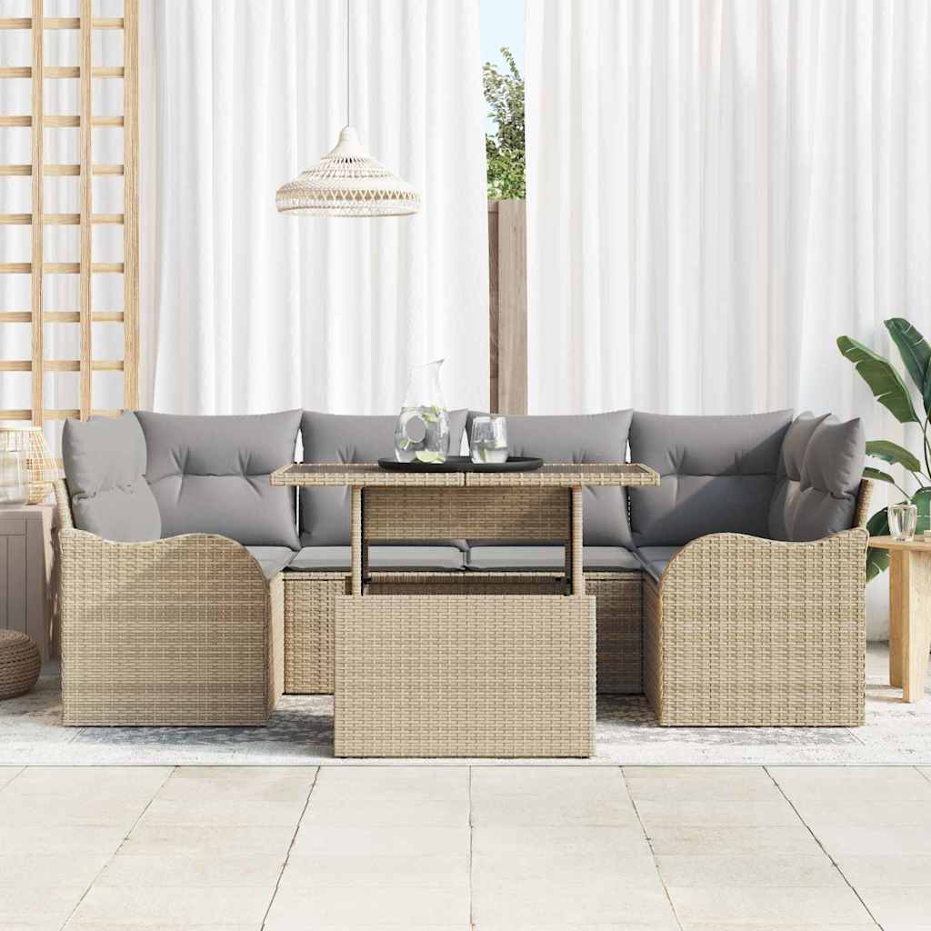 Gartensofa-set mit Kissen 7 pcs Beige Poly-Rattan