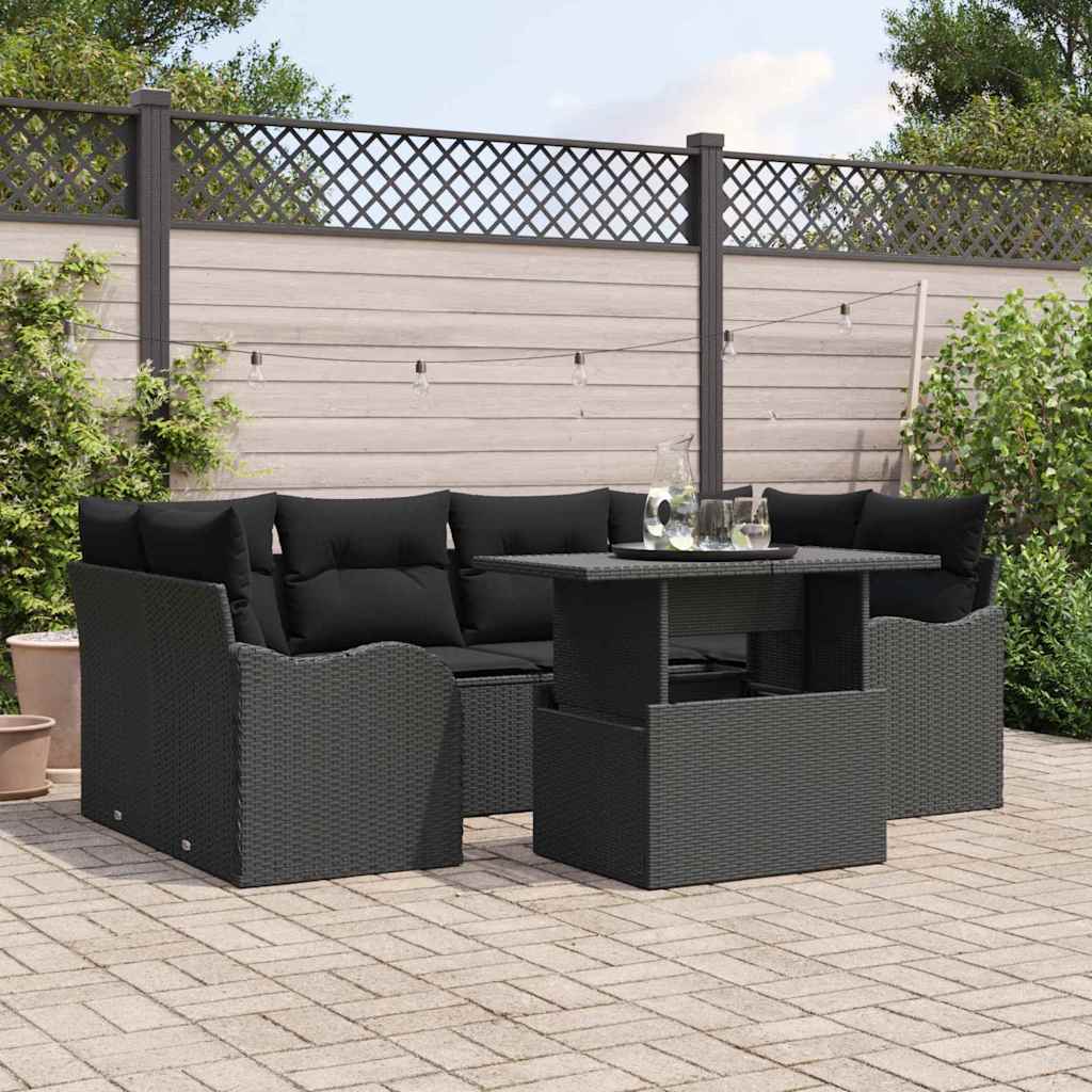 Gartensofa-set mit Kissen 7 pcs Schwarz Poly-Rattan