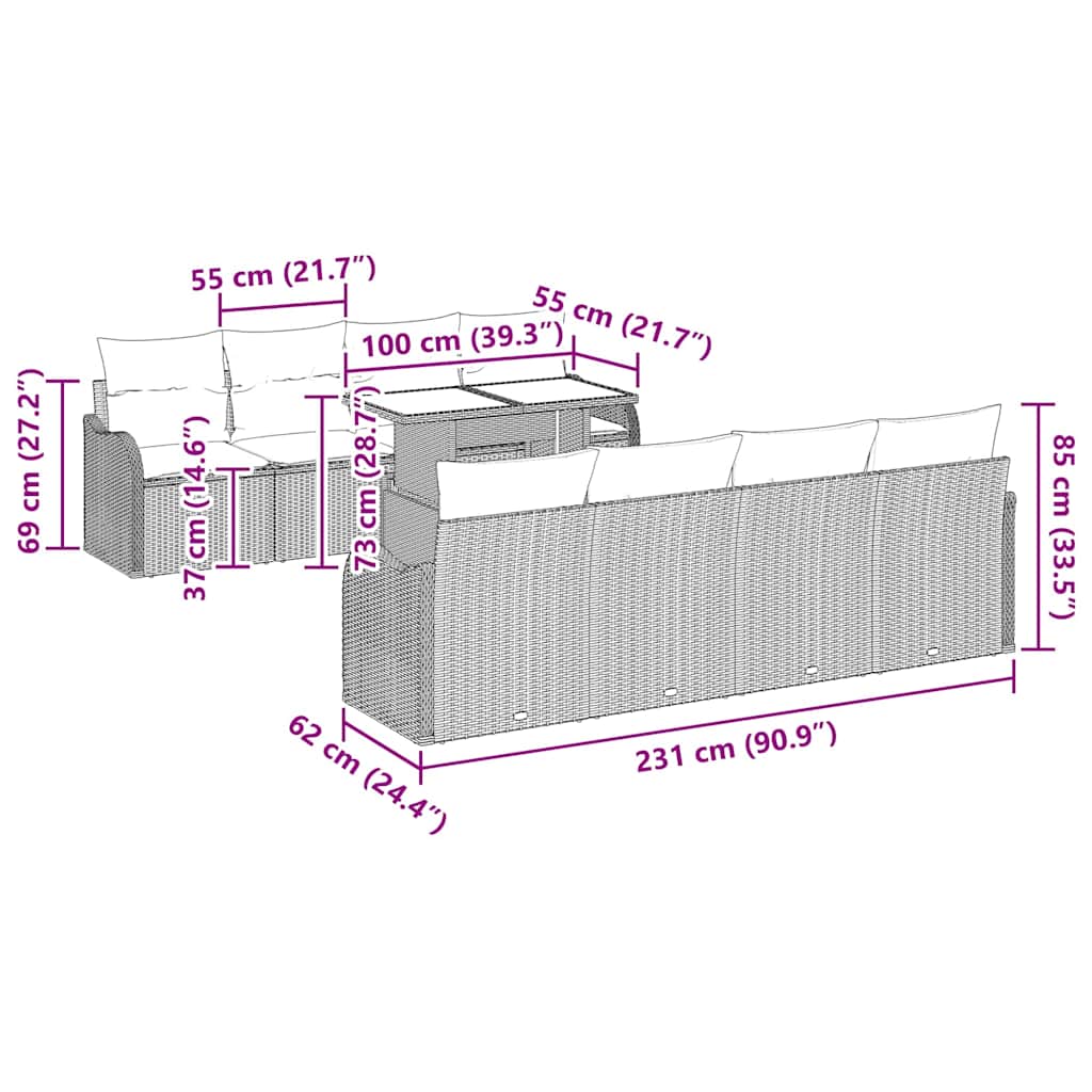 Gartensofa-set mit Kissen 7 pcs Schwarz Poly-Rattan