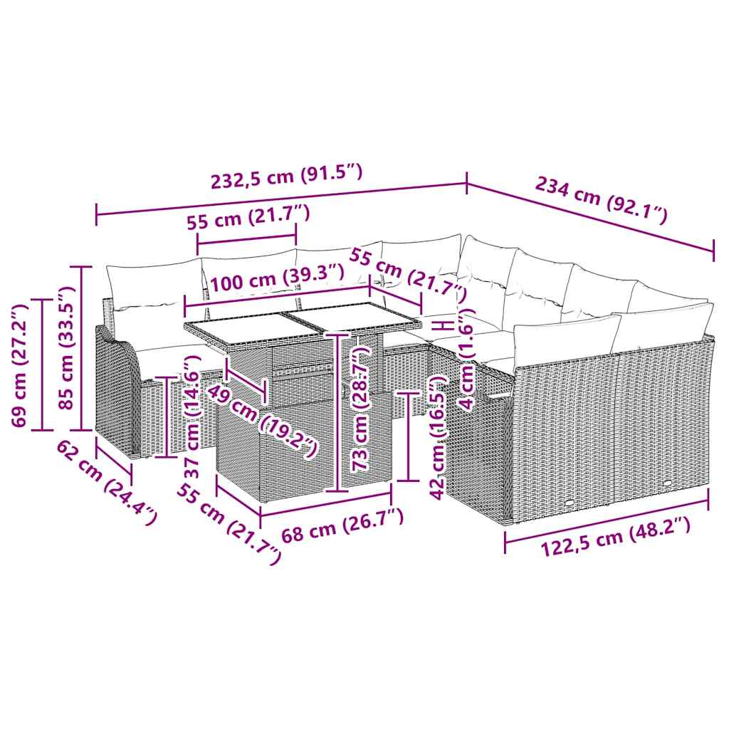 Gartensofa-set mit Kissen 9 pcs Grau Poly-Rattan