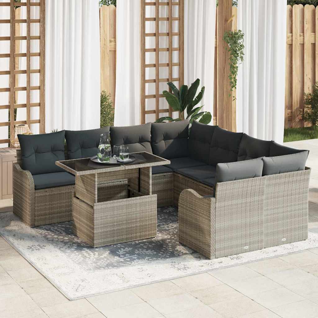Gartensofa-set mit Kissen 9 pcs Hellgrau Poly-Rattan