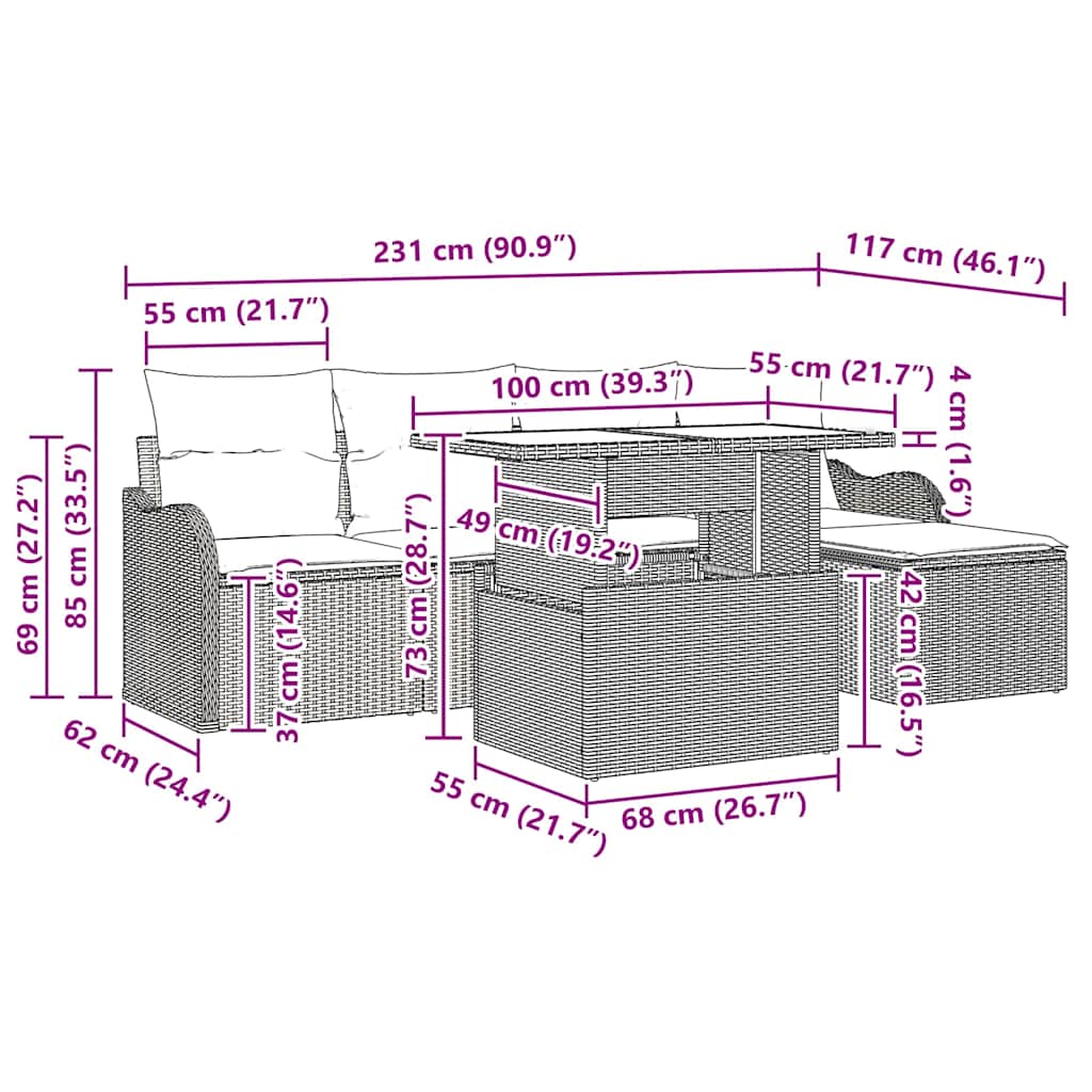 Sitzgruppe für den Outdoor mit Kissen 6 pcs Grau Poly Rattan