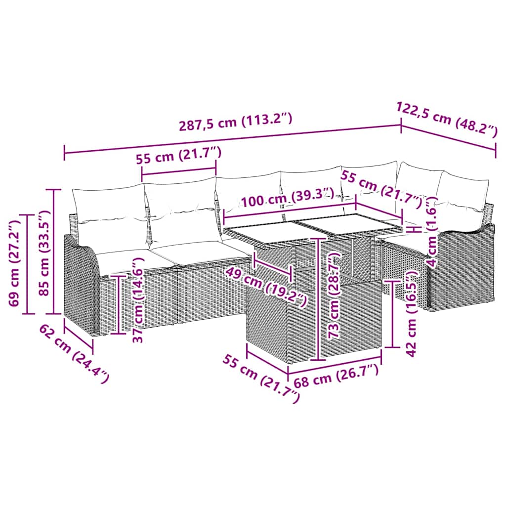 Sofa Set mit Kissen 7 pcs Grau Poly Rattan