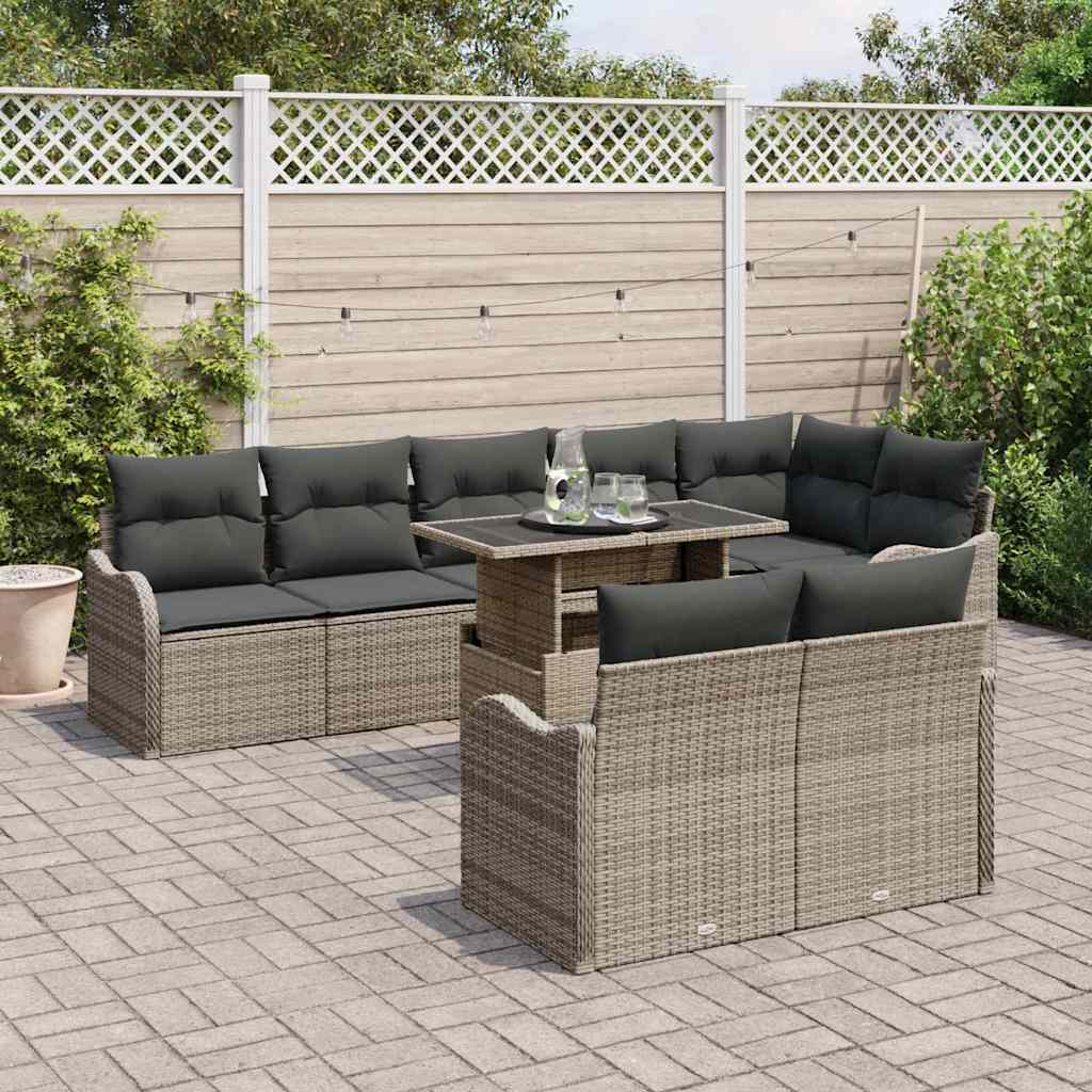 Lounge-Set mit Kissen 9 pcs Grau Poly Rattan