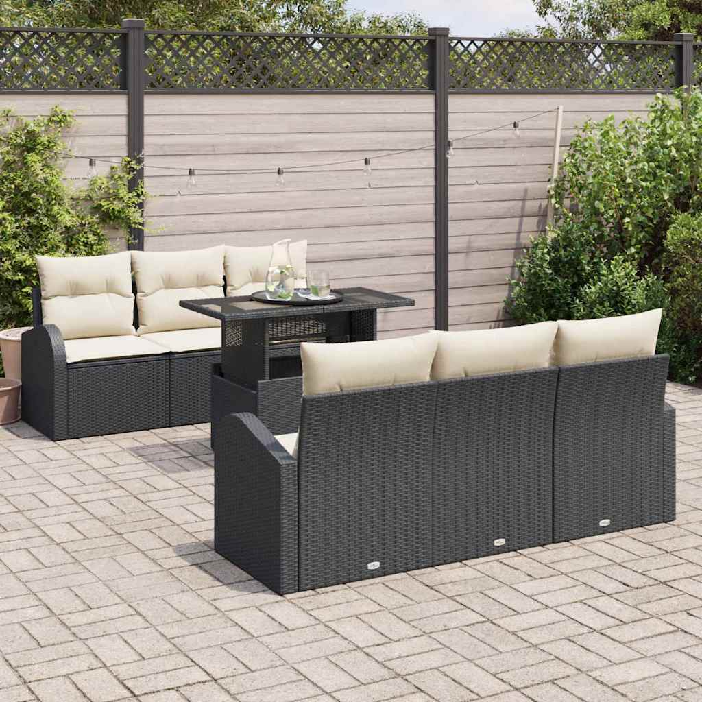 Gartensofa-set mit Kissen 7 pcs Schwarz Poly Rattan