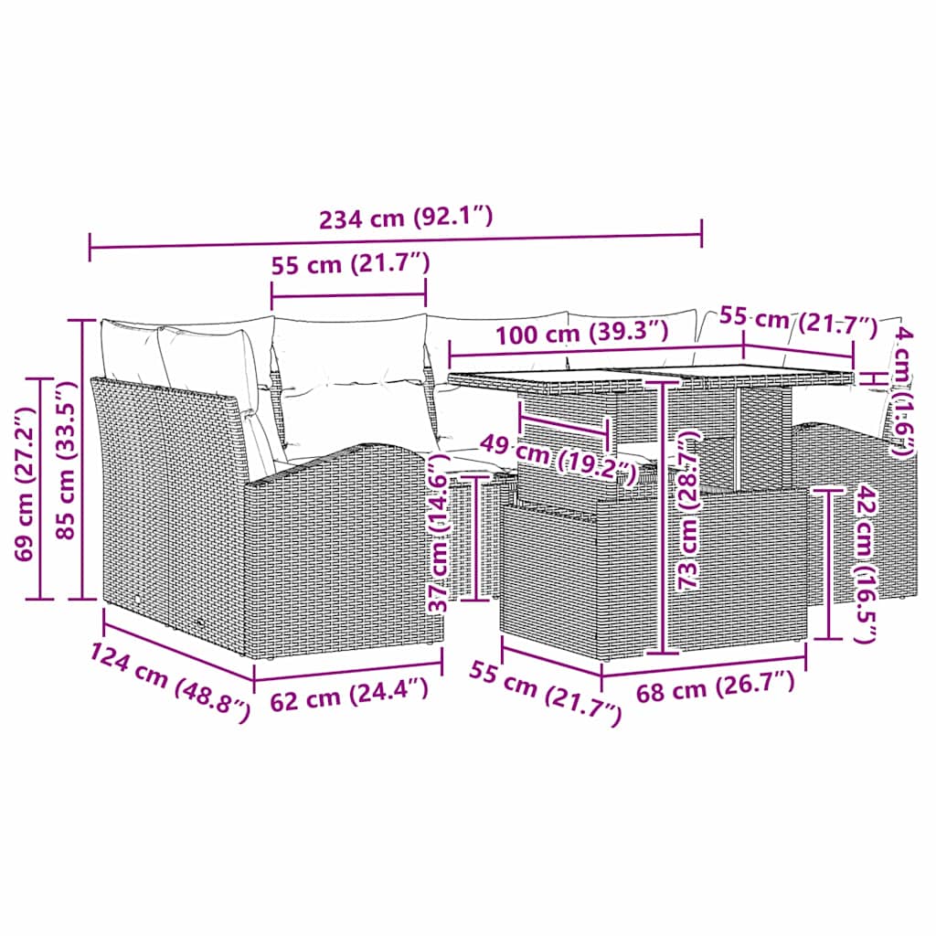 Gartensofa-set mit Kissen 7 pcs Grau Poly Rattan