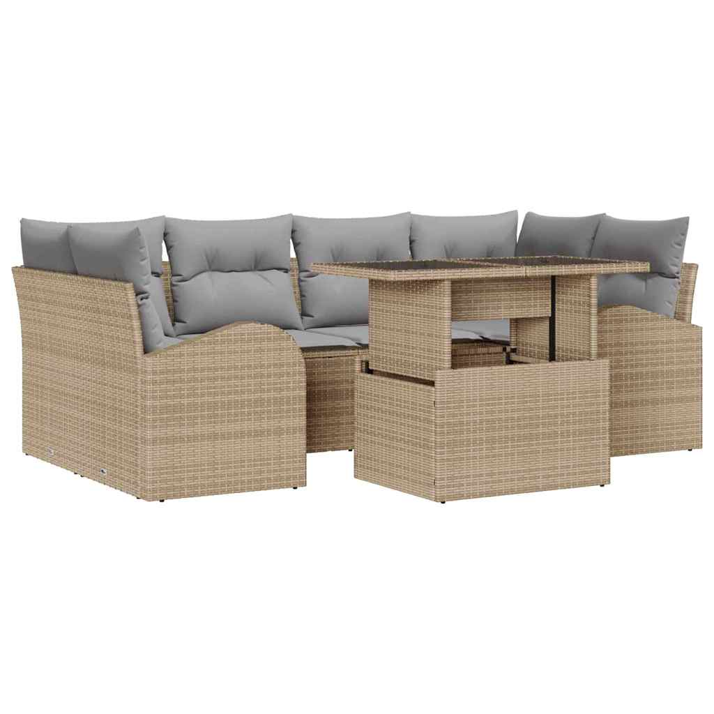 Gartensofa-set mit Kissen 7 pcs Beige Poly Rattan