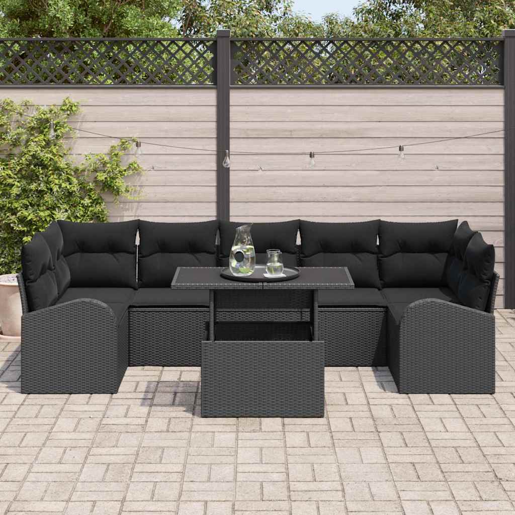 Garten-Sofa-Set mit Kissen 8 pcs Schwarz Poly Rattan