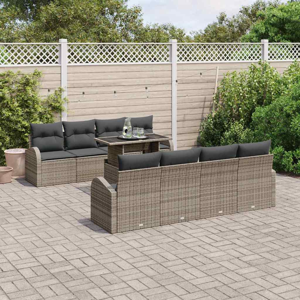 Gartensofa-set mit Speicher 9 pcs Grau Poly-Rattan