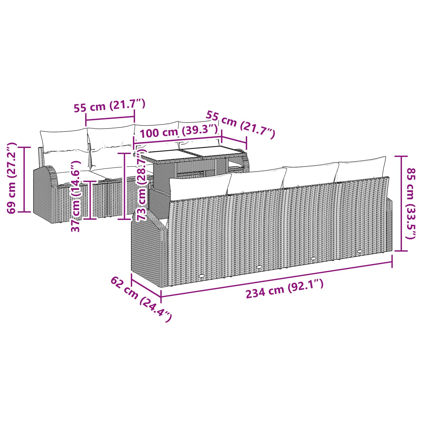 Gartensofa-set mit Speicher 9 pcs Braun Poly-Rattan