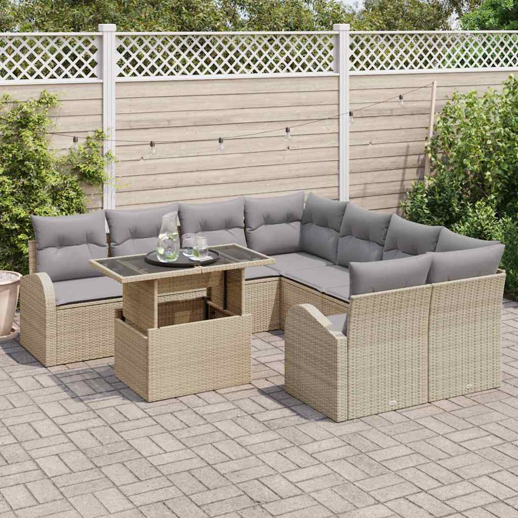 Gartensofa-set mit Speicher 9 pcs Beige Poly-Rattan