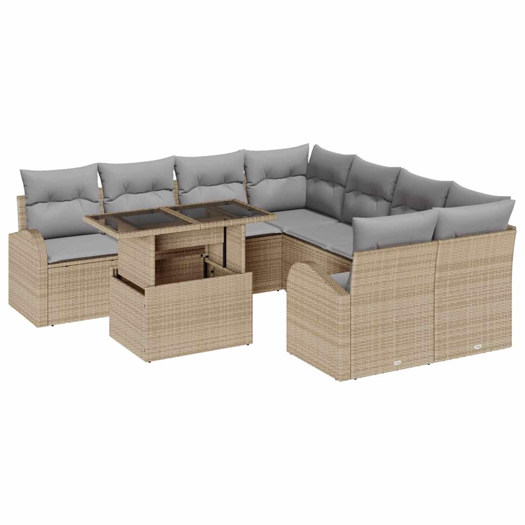 Gartensofa-set mit Speicher 9 pcs Beige Poly-Rattan