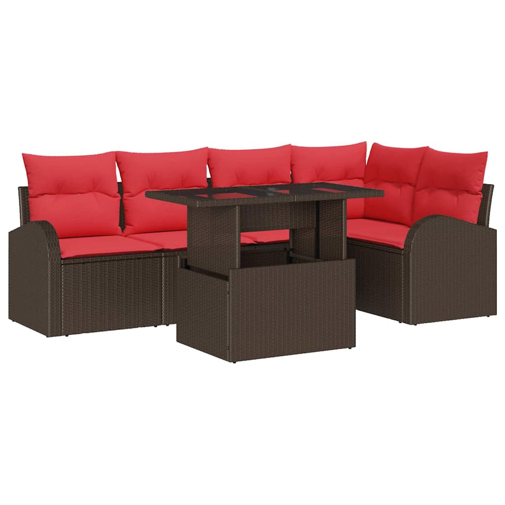 Garten-Sofa-Set mit Kissen 6 pcs Braun und Rot Poly-Rattan