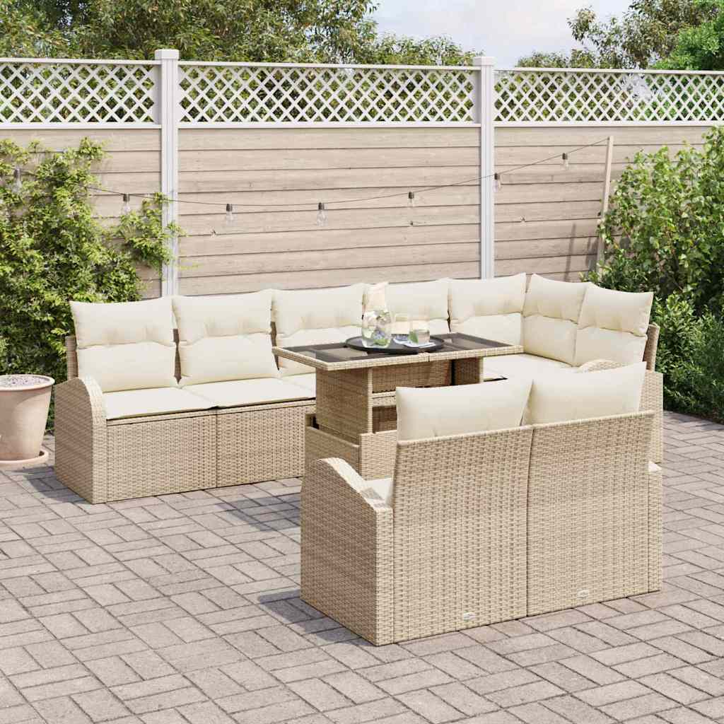 Gartensofa-set mit Speicher 9 pcs Beige und Creme Poly-Rattan