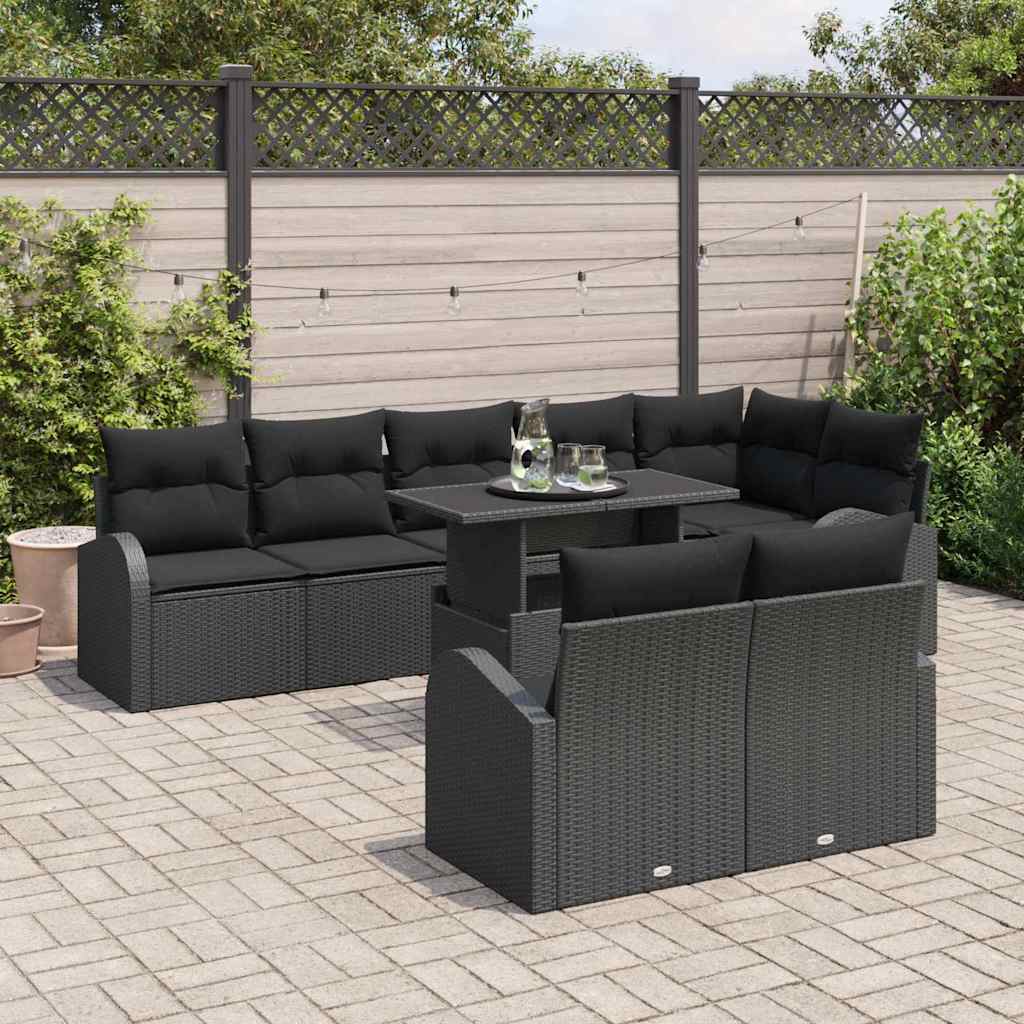 Gartensofa-set mit Speicher 9 pcs Schwarz Poly-Rattan