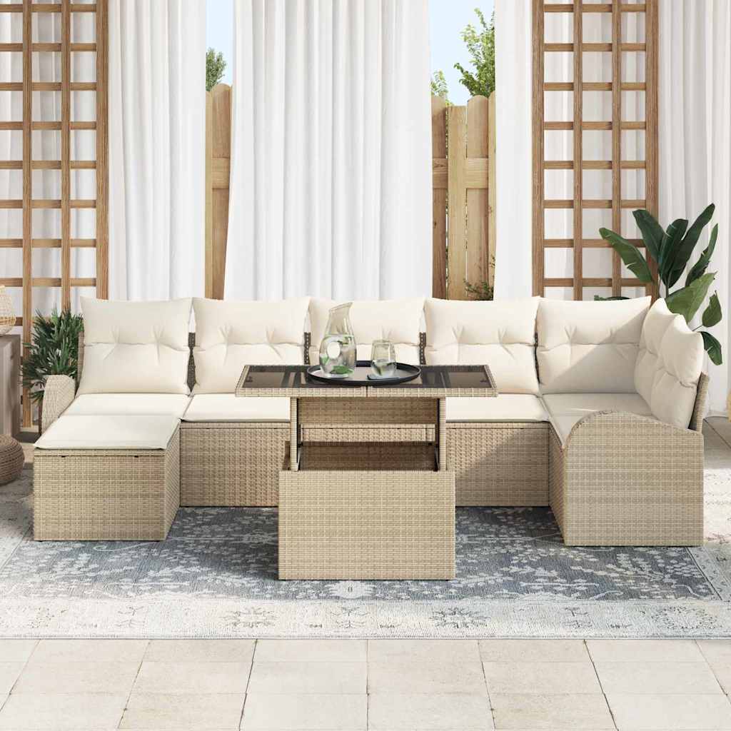 Gartensofa-set mit Speicher 8 pcs Beige und Creme Poly-Rattan
