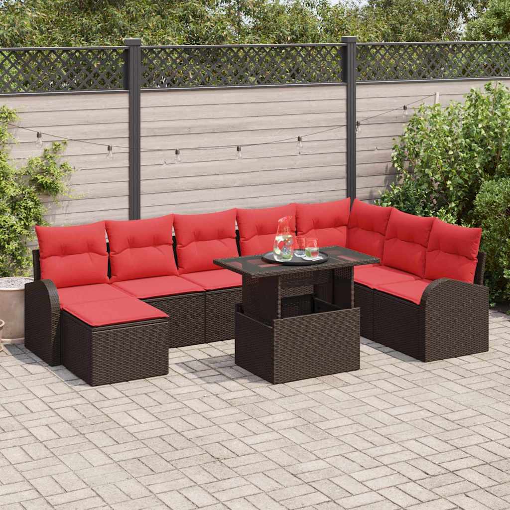 Gartensofa-set mit Speicher 9 pcs Braun und Rot Poly-Rattan