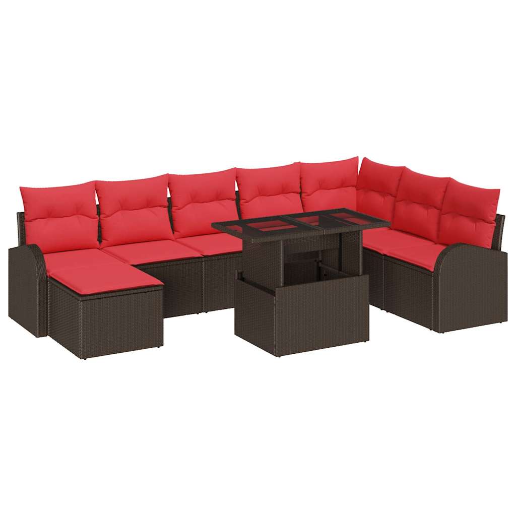 Gartensofa-set mit Speicher 9 pcs Braun und Rot Poly-Rattan